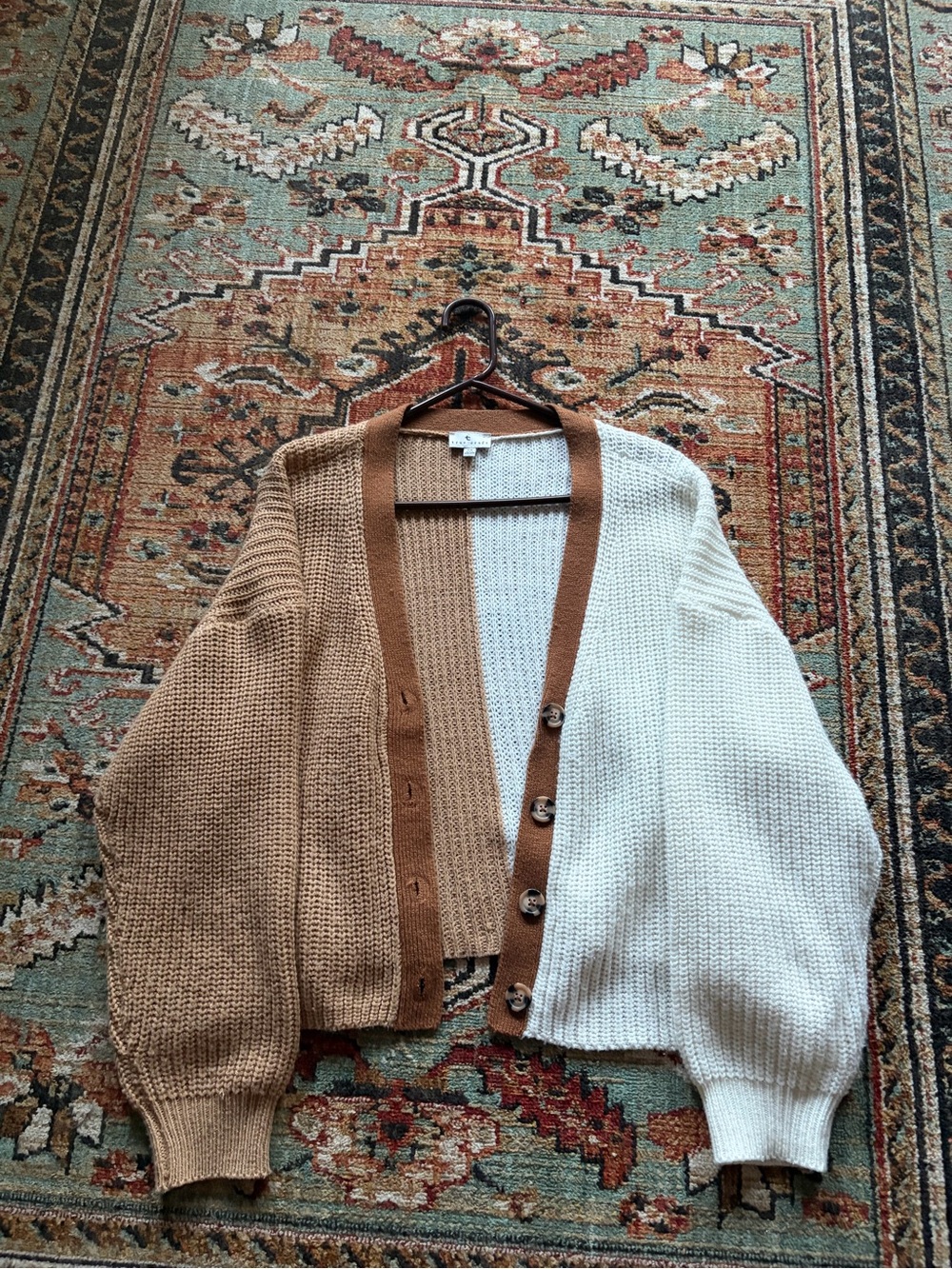 True Craft Two-Tone Tan and Cream Chunky Knit Cardigan